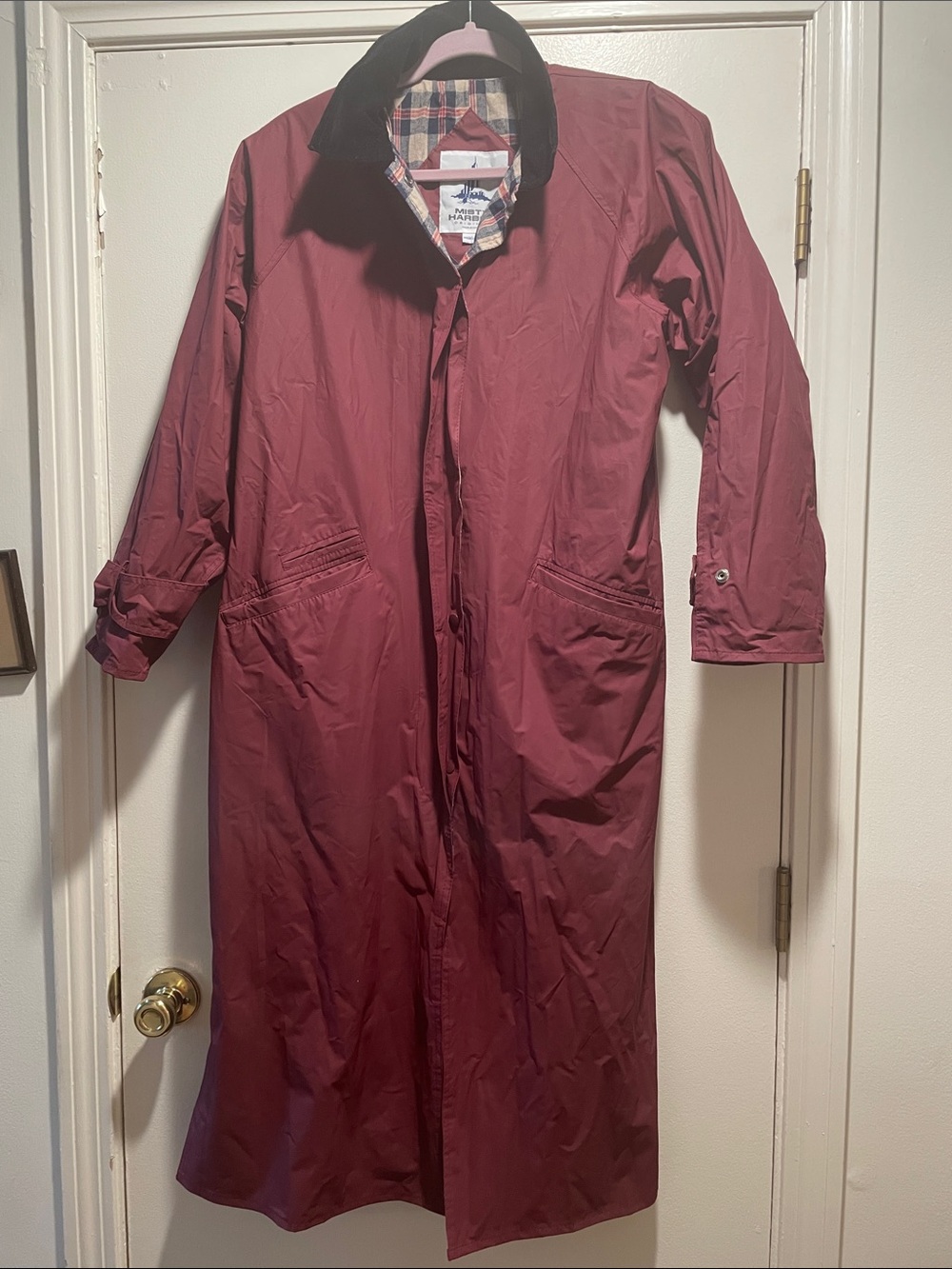 Vintage 90s Misty Harbor Original Trench Coat Medium Burgundy Maroon Plaid Lined
